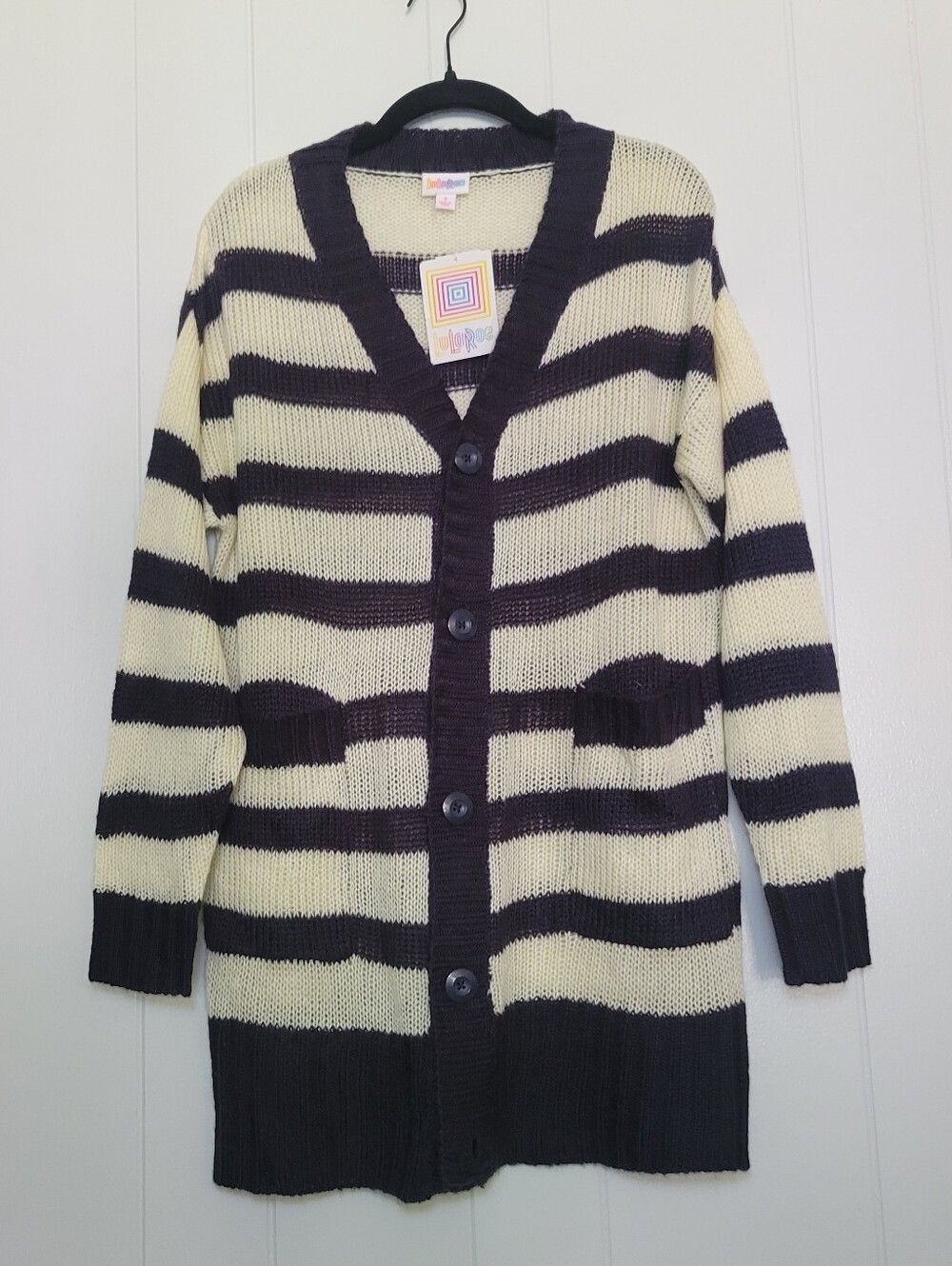 NWT Lularoe Lucille Cardigan Sweater Striped Academic Preppy Navy Blue White SM